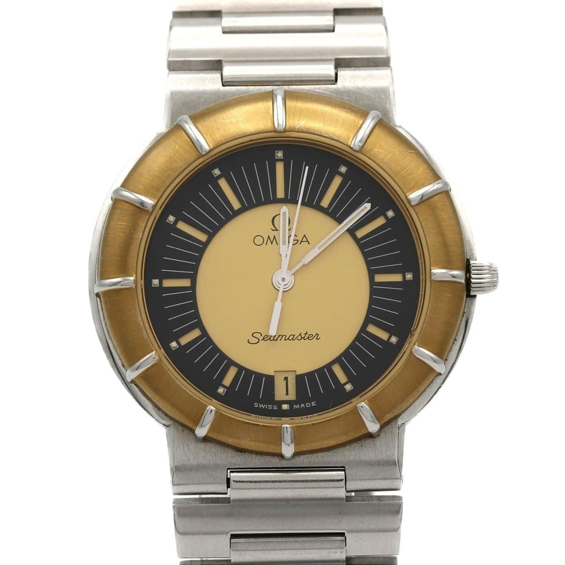 Omega Seamaster Dynamic SSxYG Quartz Watch: --- Catalog ---Category: SizeWrist Size: 16.5cm / 6.49''Case Diameter: 34mm / 1.34''Category: DesignType: WristwatchGender: MenColor (Dial): Black, GoldMaterial (Band): Stainless steelMaterial (Case):