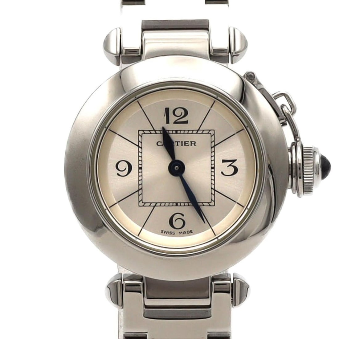 Cartier Miss Pasha W3140007 SS Quartz Watch: --- Catalog ---Category: SizeWrist Size: 16.5cm / 6.49''Case Diameter: 27mm / 1.06''Category: DesignType: WristwatchGender: WomenColor (Dial): SilverMaterial (Band): Stainless steelMaterial (Case): St