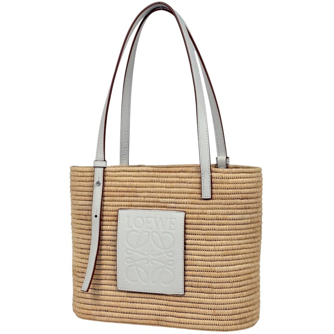Loewe Square Basket Bag Small Tote Bag, Raffia, Anagram Pattern, Natural White, Women's: --- Catalog ---Category: SizeSize (HxWxD): 21cm x 26cm x 10cm / 8.26'' x 10.23'' x 3.93''Category: DesignType: Basket, Tote bagColor: WhiteGender: WomenMaterial: Raffia , Leather Category: GeneralBran