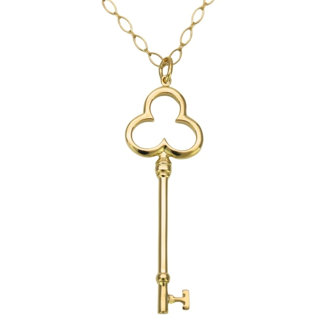 Tiffany & Co. Trefoil Key Necklace, 18K Yellow Gold, Long Chain, Oval Link, Women's.: --- Catalog ---Category: SizePendant Size: 53.5mm x 17.6mm / 2.1'' x 0.69''Neck Circumference: 76 cm / 29.92''Category: DesignColor: Yellow goldGender: WomenMaterial: Yellow gold (18K)Necklace Type: