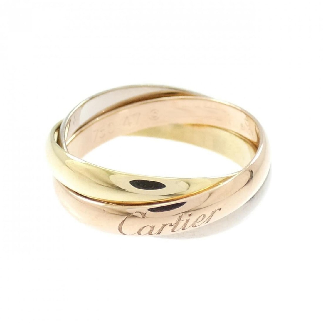 Cartier Trinity Ring: --- Catalog ---Category: SizeUS Size: 4Brand Size: 47Category: DesignType: Band ringGender: WomenMaterial: Pink gold (18K), White gold (18K), Yellow gold (18K)Category: GeneralMPN: B4086100Brand: