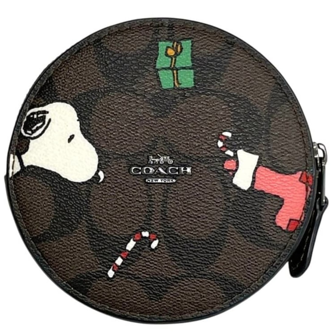 Coach Coin Case Signature PEANUTS CF245 COACH PVC Leather Brown Black Unisex