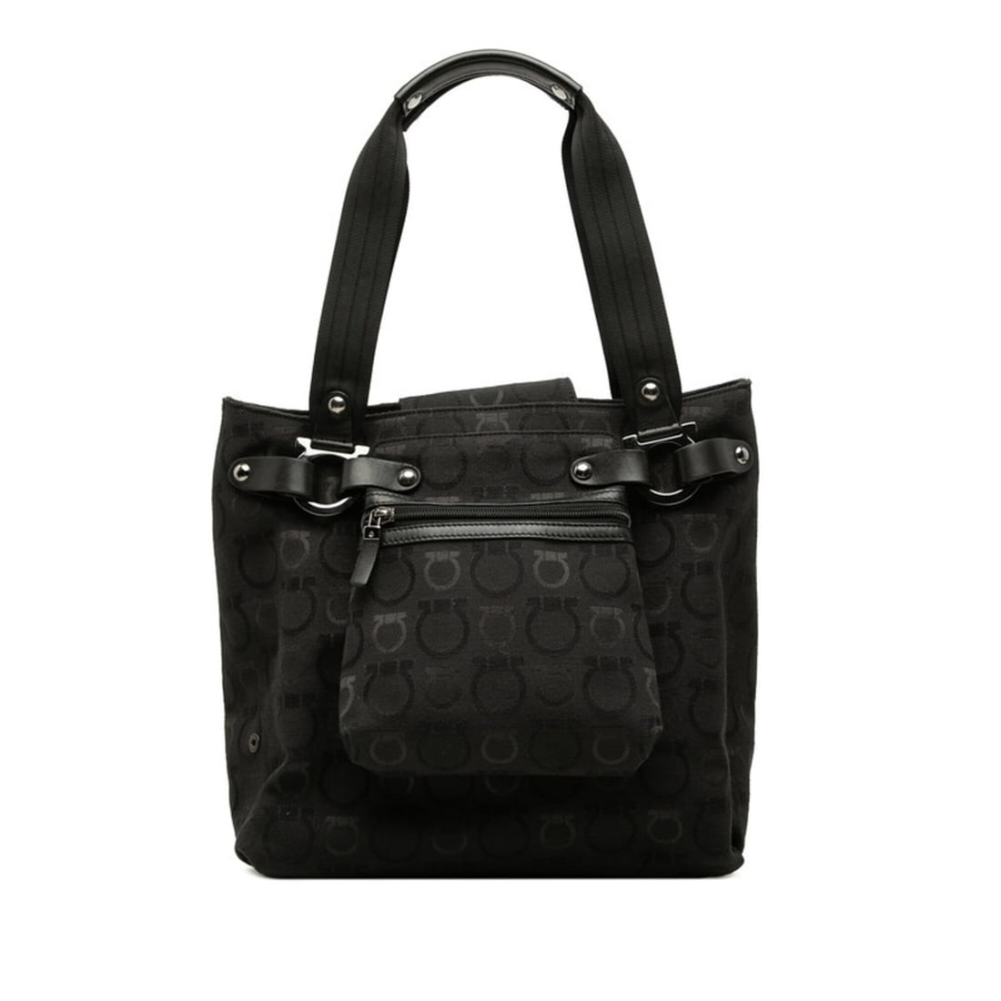 Salvatore Ferragamo Gancini Tote Bag Handbag Black Canvas Leather Women's: --- Catalog ---Category: SizeSize (HxWxD): 25cm x 27cm x 17.5cm / 9.84'' x 10.62'' x 6.88''Category: DesignType: Handbag, Pouch, Tote bagColor: BlackGender: WomenMaterial: Canvas , Leather Category: G