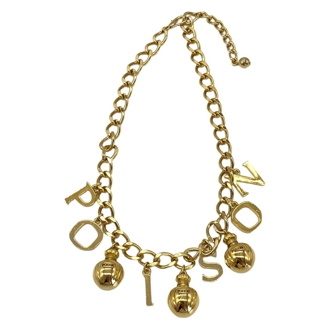 Christian Dior POISON Charm Necklace Gold: --- Catalog ---Category: SizeWeight: 80.5g / 2.83oz.Category: DesignType: Handbag charmFinish: Gold platedGender: WomenSeason: VintageCategory: GeneralBrand: Christian Dior--- Item List ---Section: Co