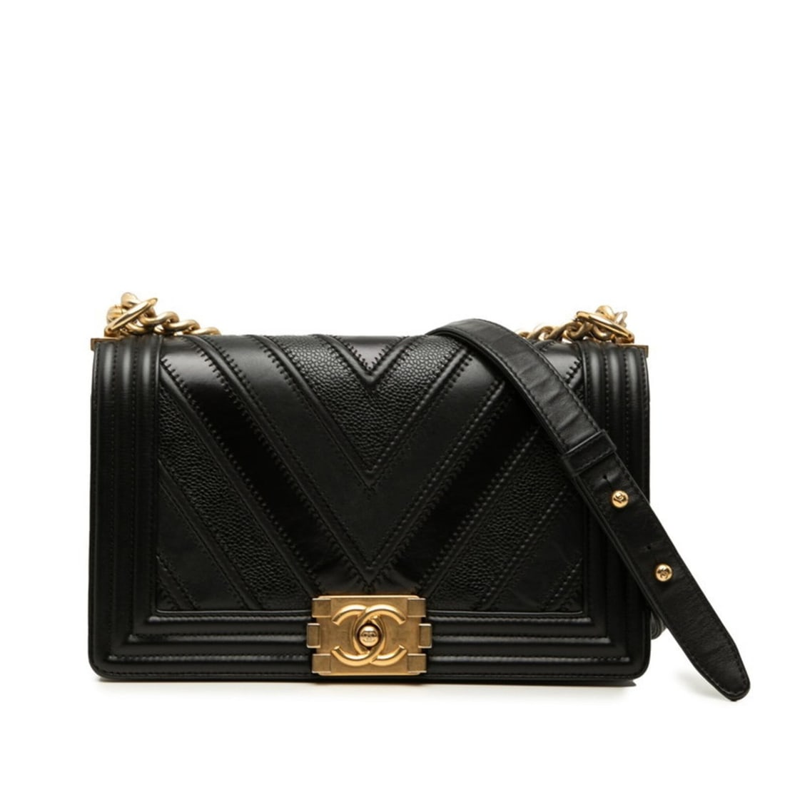 Chanel Boy 25 V-stitch Chevron Chain Shoulder Bag, Crossbody Black, Gold Hardware, Caviar Leather,: --- Catalog ---Category: SizeSize (HxWxD): 14.5cm x 24.5cm x 6cm / 5.7'' x 9.64'' x 2.36''Category: DesignType: Shoulder bagColor: BlackGender: WomenMaterial: Grained Calfskin , Leather Hardware Color