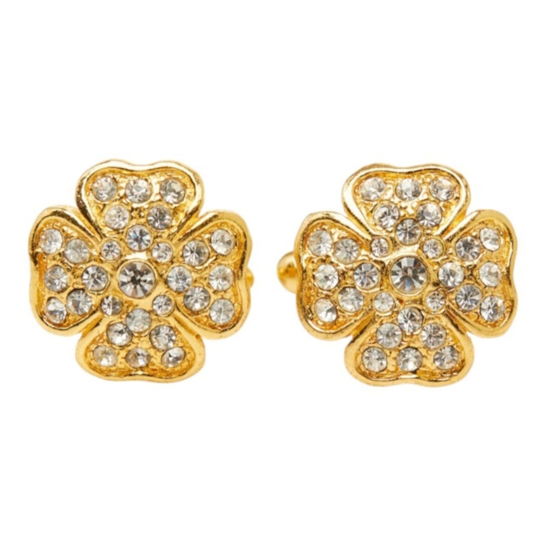 Chanel Clover Cufflinks, Gold Plated Rhinestones, Women's CHANEL: --- Catalog ---Category: SizeSize (HxWxD): 17.50mm x 17.50mm / 0.69'' x 0.69''Category: DesignType: CufflinksColor: GoldGender: WomenMaterial: RhinestoneCategory: GeneralBrand: Chanel--- Item List ---