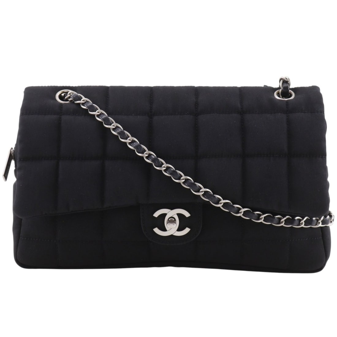 Chanel Chain Shoulder Bag, Chocolate Bar Design, Double Chain, Nylon, Black, Turn-Lock, Women's