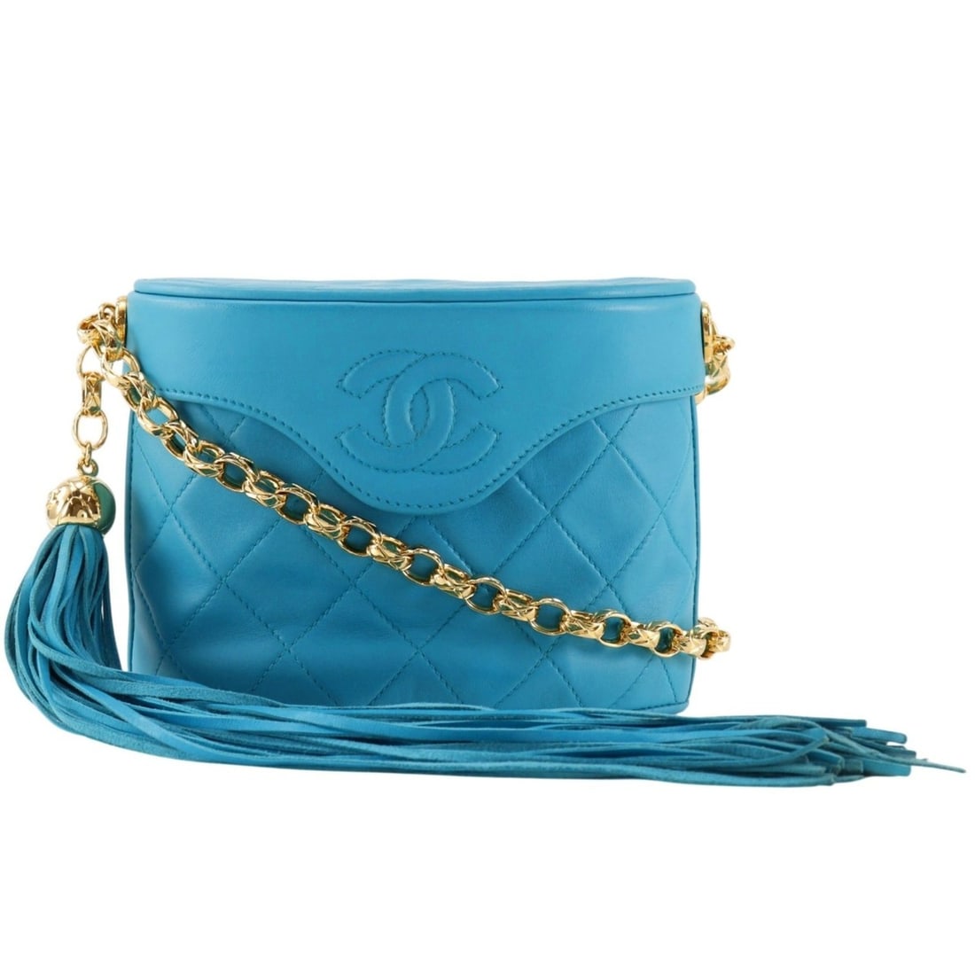 Chanel Mini Chain Shoulder Bag, Coco Mark, Matelassé, Tassel, Lambskin, Turquoise Blue, Magnetic