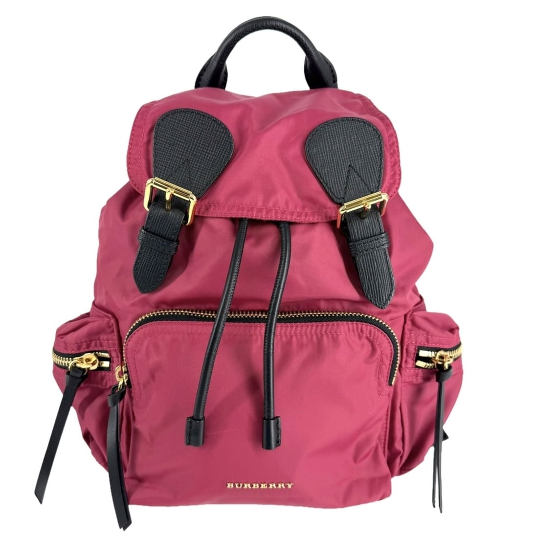 Burberry women's backpack, nylon and leather, pink black, with gold hardware.