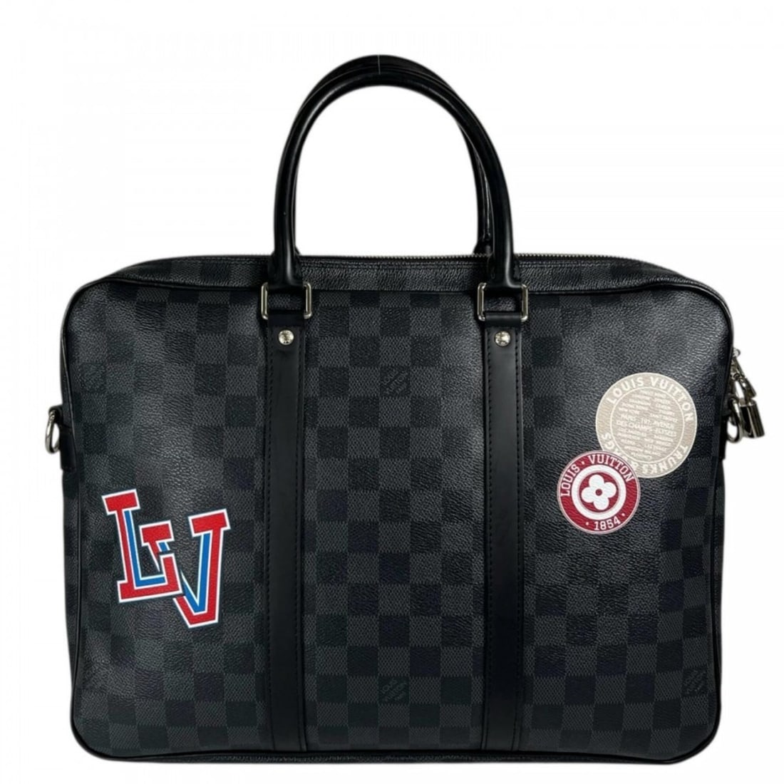 Louis Vuitton Men's Handbag with Travel Stickers, LOUIS VUITTON N41053, Damier Canvas, Black, Silver