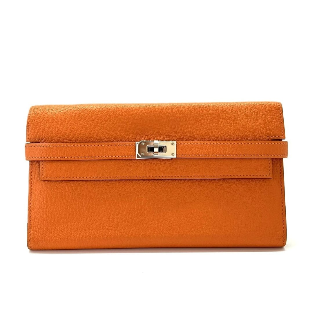 Hermes Kelly Wallet, Chevre Orange Leather, B Stamp: --- Catalog ---Category: SizeSize (HxWxD): 11.5cm x 19.5cm x 2cm / 4.52'' x 7.67'' x 0.78''Category: DesignType: Long wallet (bi-fold)Color: OrangeGender: WomenMaterial: Chevre leather Category: