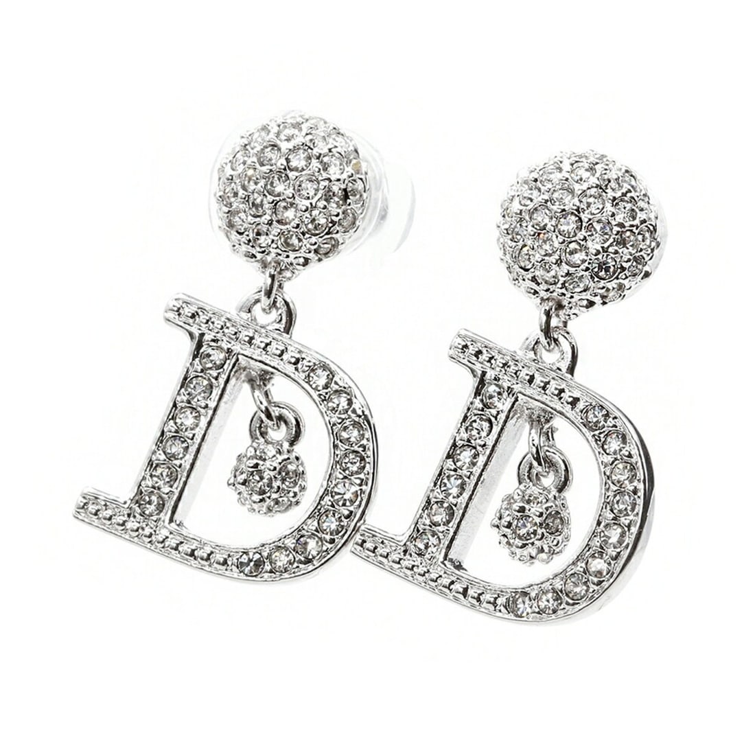 Christian Dior D Alphabet Dancing Earrings, Metal, Rhinestones: --- Catalog ---Category: SizeSize (HxWxD): 23.00mm x 14.00mm / 0.91'' x 0.55''Category: DesignType: Stud earringsColor: SilverGender: WomenMaterial: Metal, RhinestoneCategory: GeneralBrand: Christian 