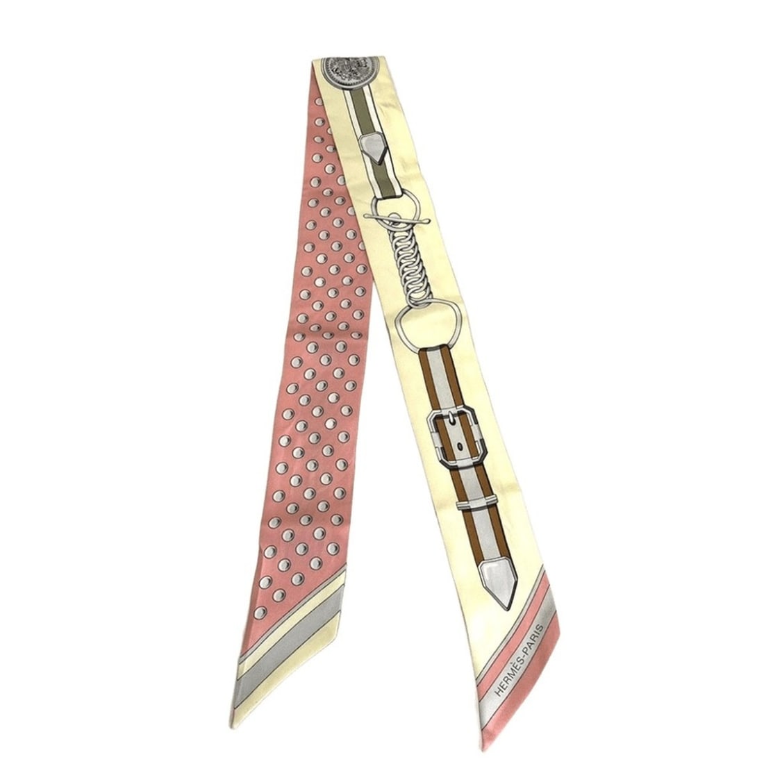 Hermes Twilly Grand Turarara Silk Scarf Muffler Light Pink x Yellow HERMES: --- Catalog ---Category: SizeWeight: 8.3g / 0.29oz.Size (LxW): 86cm x 5cm / 33.85'' x 1.96''Category: DesignType: ScarfColor: Pink, YellowGender: WomenMaterial: Silk Category: GeneralLine: TwillyBrand