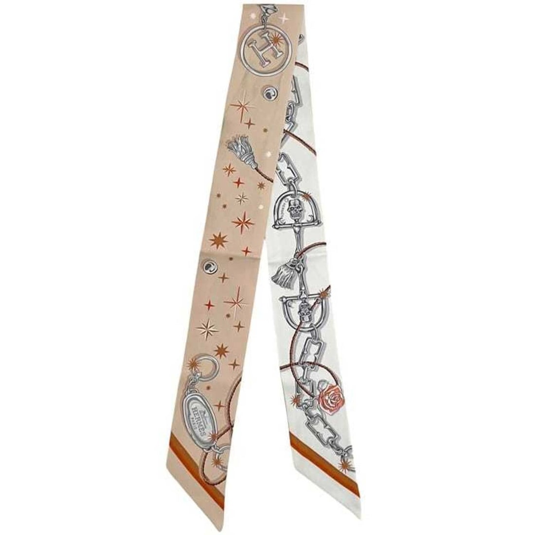 Hermes Ribbon Scarf Muffler Twilly, Cleaned, C'est la Fete, 100% Silk, Beige, Women's: --- Catalog ---Category: SizeSize (LxW): 85cm x 5cm / 33.46'' x 1.96''Category: DesignType: ScarfColor: Beige, WhiteGender: WomenMaterial: Silk Category: GeneralBrand: HermesCountry of Origin: France-