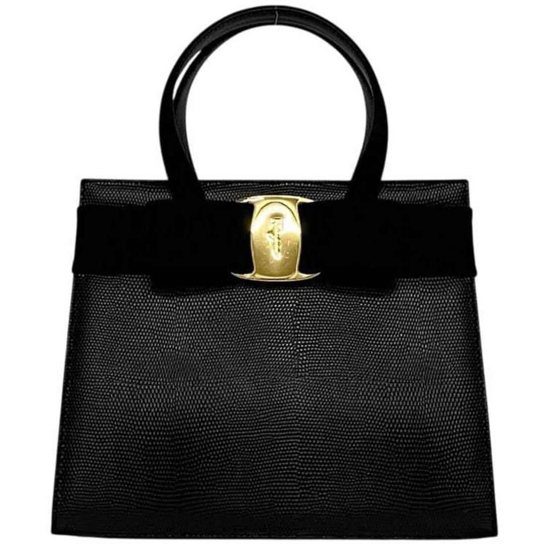Salvatore Ferragamo Vara handbag, embossed leather, ribbon design, black, women's.