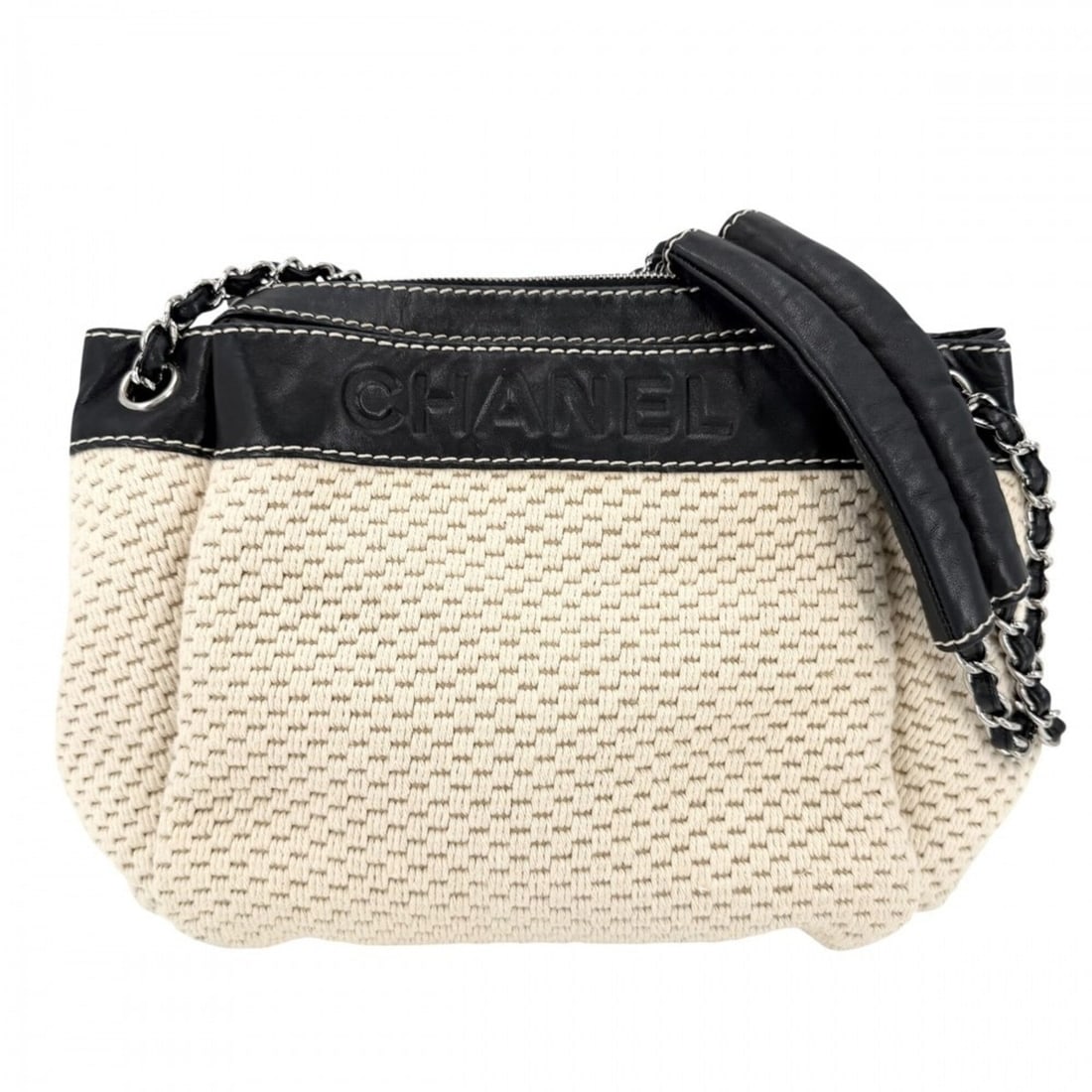 Chanel handbag for women, logo, chain strap, shoulder bag, leather, canvas, beige, black, silver