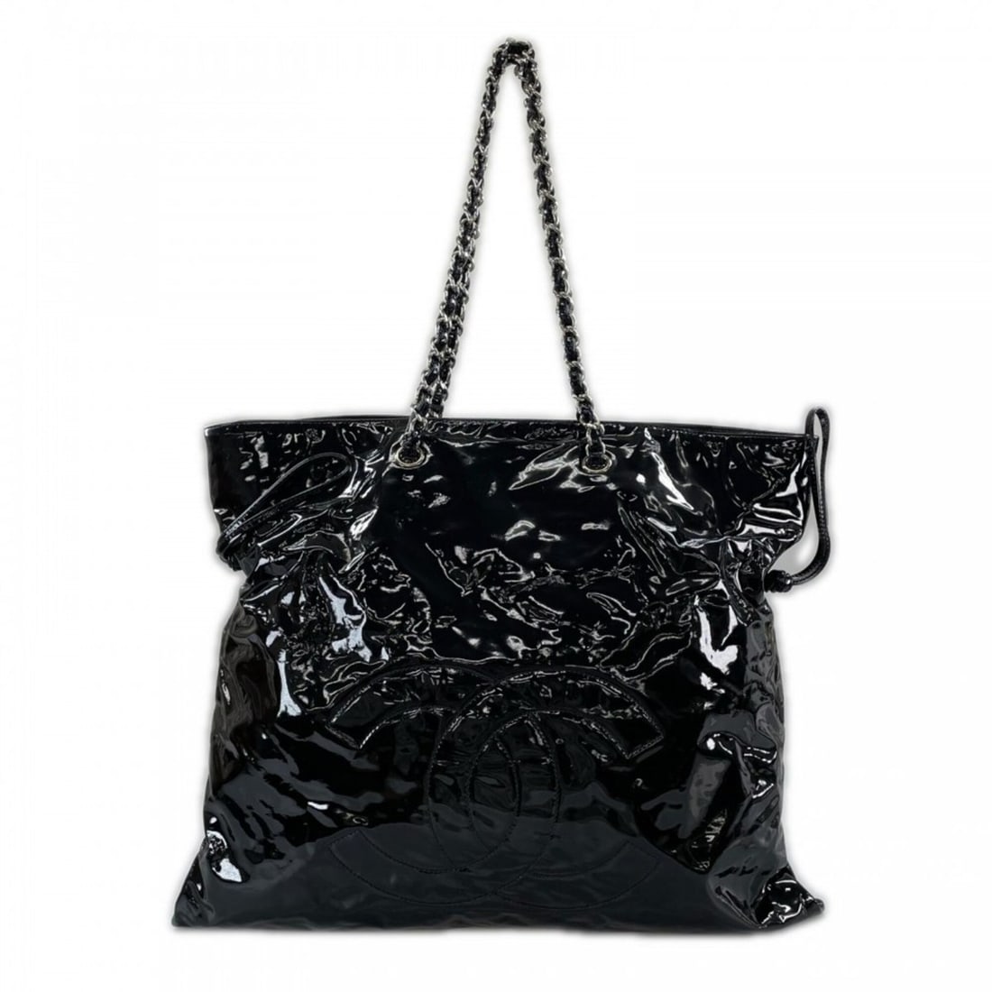 Chanel Tote Bag for Women, Pom-Pom Chain Tote, CHANEL Patent Leather, Black, Silver Hardware (1 of 13)