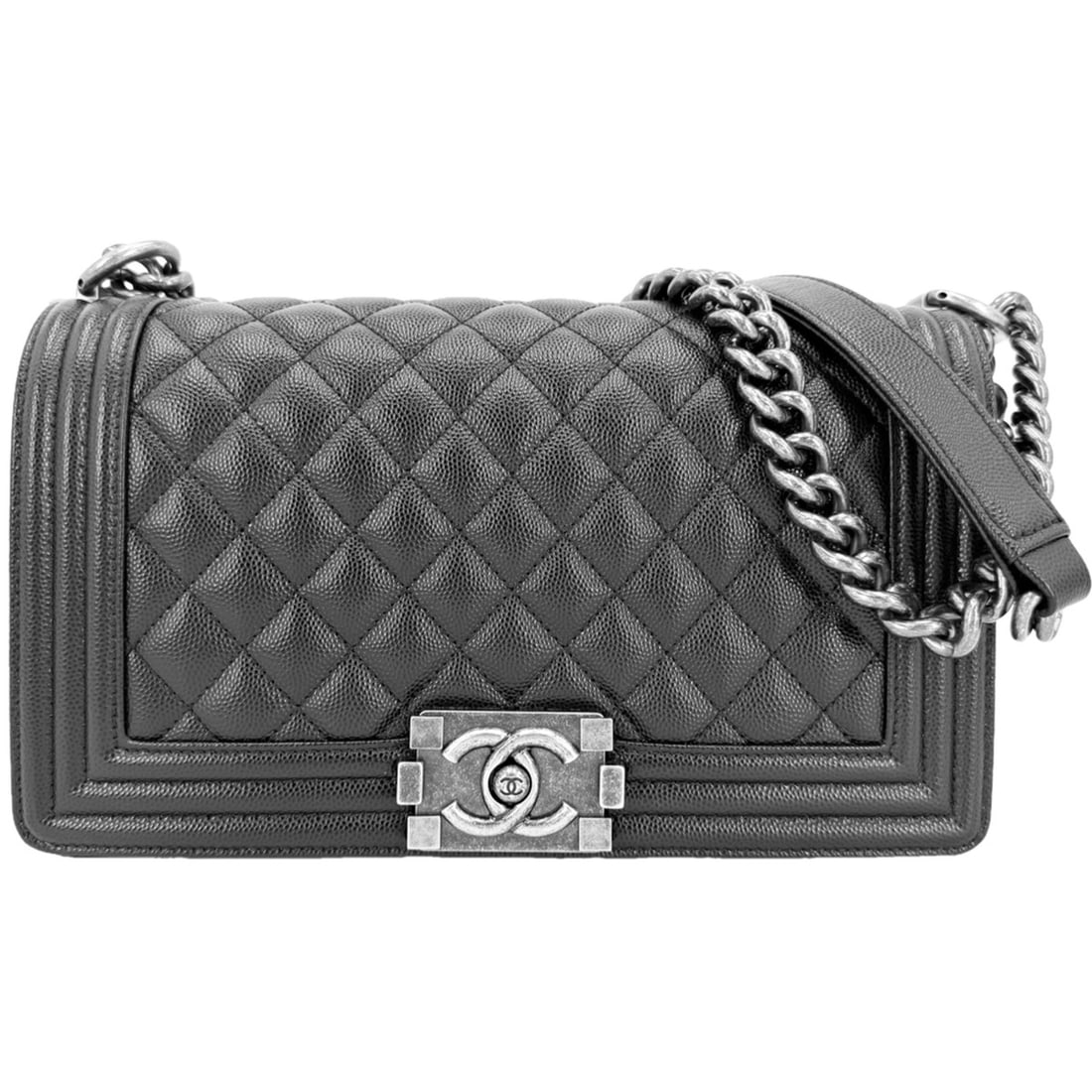 Chanel shoulder bag for women, Matelassé Boy Chanel, Coco Mark, bag, crossbody BOY CHANEL, Caviar: --- Catalog ---Category: SizeSize (HxWxD): 16cm x 25cm x 8cm / 6.29'' x 9.84'' x 3.14''Category: DesignType: Shoulder bagColor: BlackGender: WomenMaterial: Grained Calfskin Hardware Color: Matte