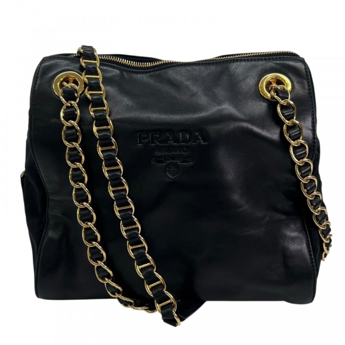 Prada shoulder bag for women, made of leather and nylon, dark navy with gold hardware.: --- Catalog ---Category: SizeSize (HxWxD): 25cm x 25.5cm x 11cm / 9.84'' x 10.03'' x 4.33''Category: DesignType: Shoulder bagColor: Dark navy, WhiteGender: WomenMaterial: Leather Category: GeneralBran