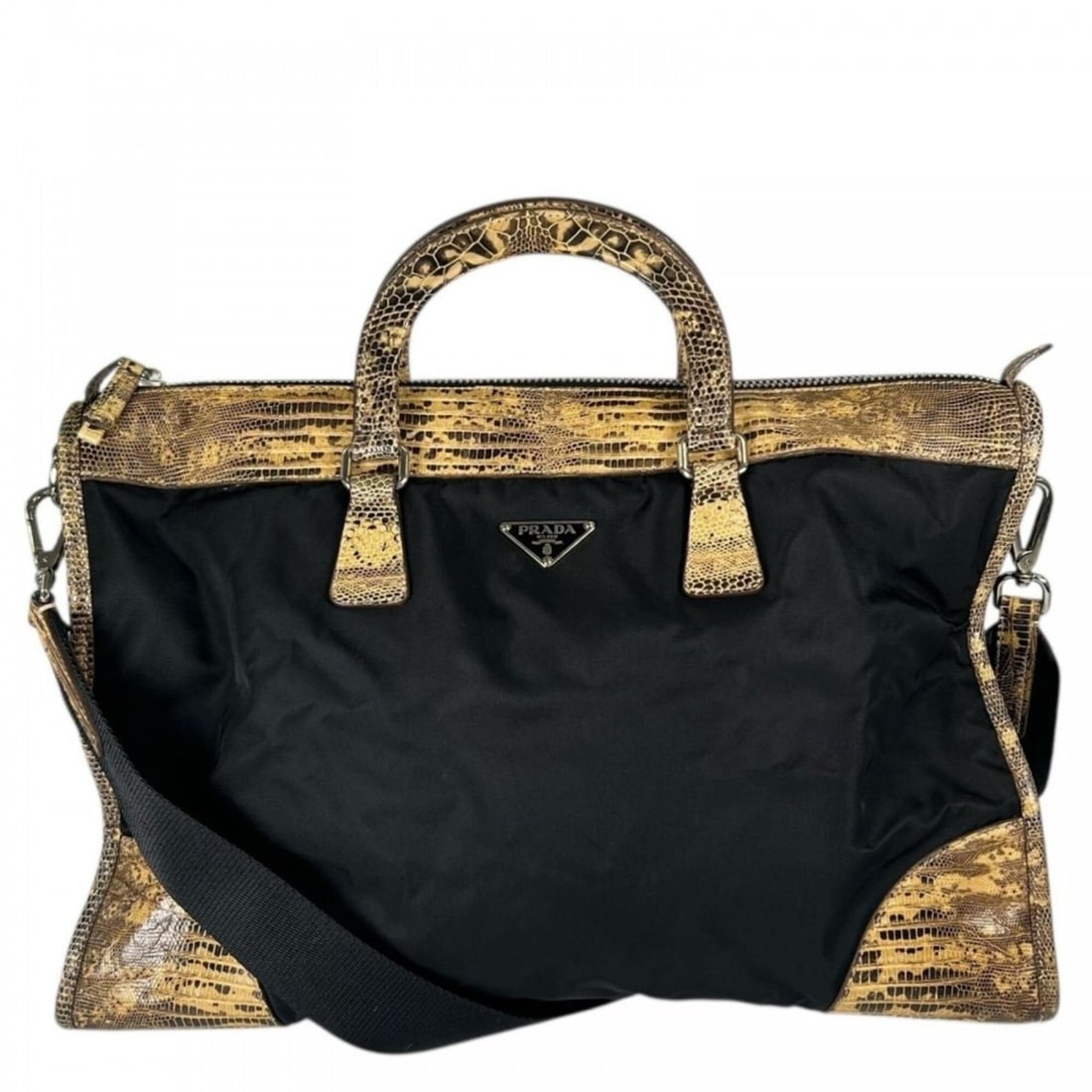 Prada handbag for women, made of nylon and python leather, black with silver hardware.