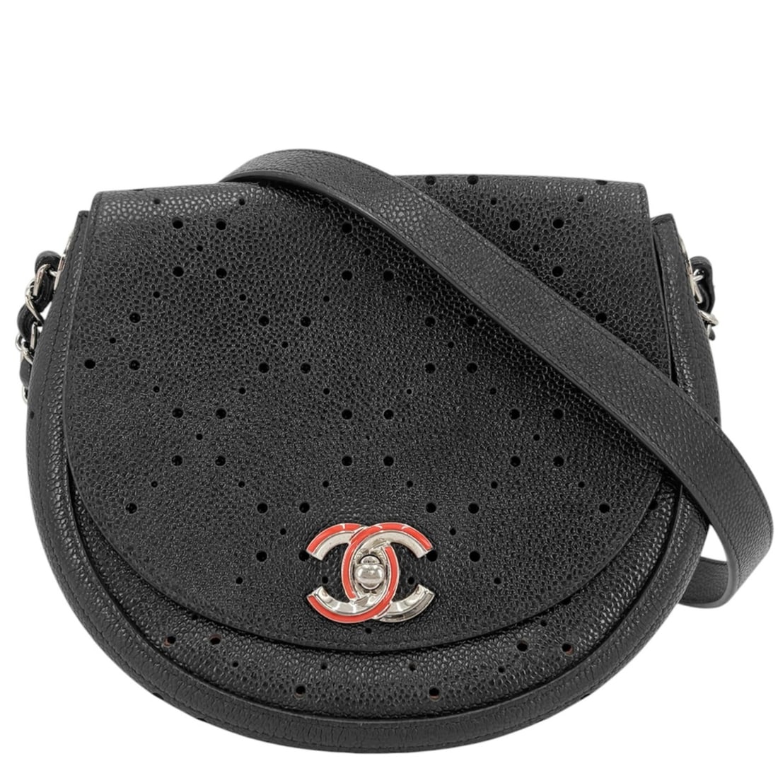 Chanel Shoulder Bag for Women, Perforated, Bag, Crossbody Chain Strap, Coco Mark, Leather, Black,: --- Catalog ---Category: SizeSize (HxWxD): 17cm x 21cm x 6cm / 6.69'' x 8.26'' x 2.36''Category: DesignType: Shoulder bagColor: Black, Orange, WhiteGender: WomenMaterial: Leather Category: GeneralBran