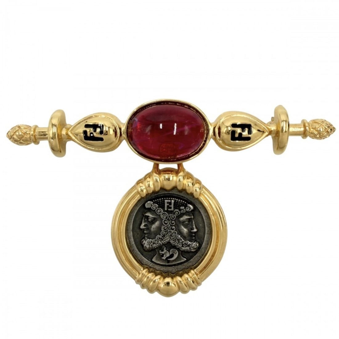 Fendi brooch for women, FF accessory, colored stone, gold, approximately 30.4g: --- Catalog ---Category: SizeSize (HxWxD): 4.8cm x 7.8cm x 7.00mm / 1.88'' x 3.07'' x 0.27''Category: DesignType: BroochColor: Gold, WhiteGender: WomenCategory: GeneralBrand: Fendi--- Item List ---Sec