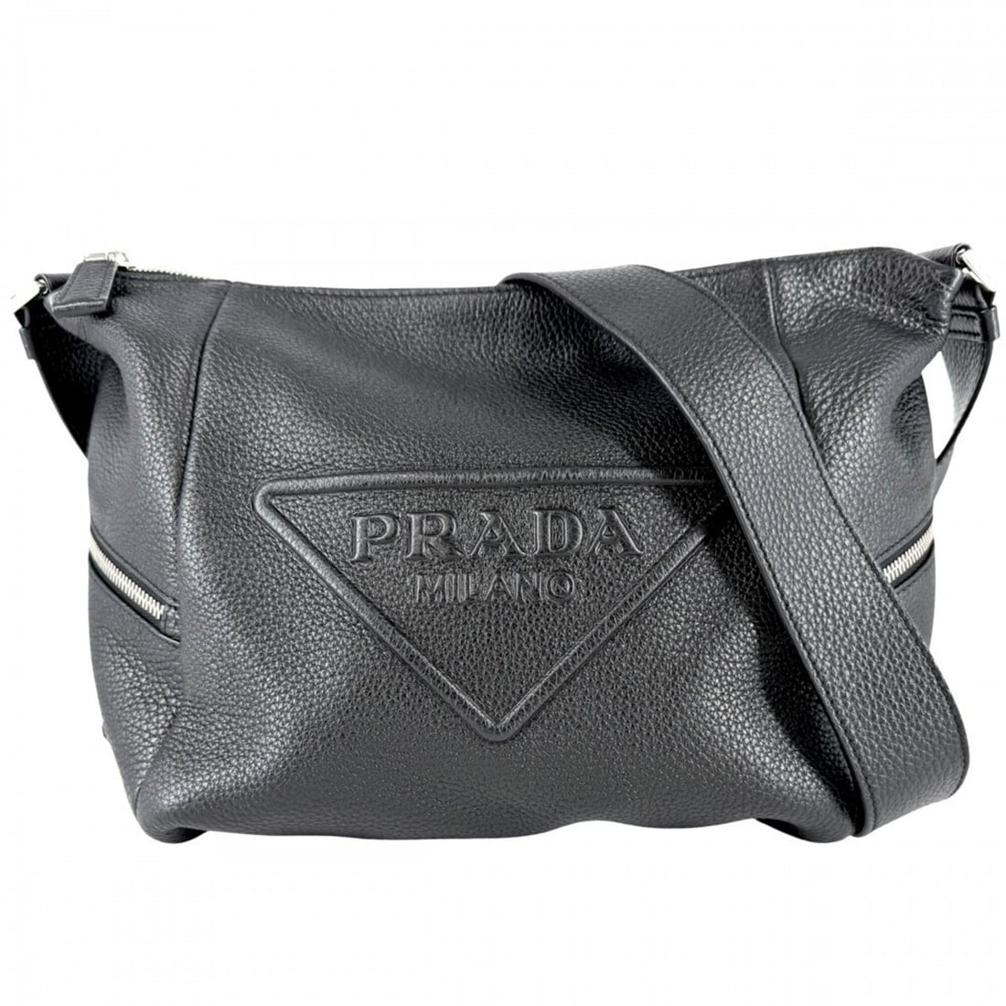 Prada shoulder bag for men and women, featuring a triangle logo, made of leather in black with