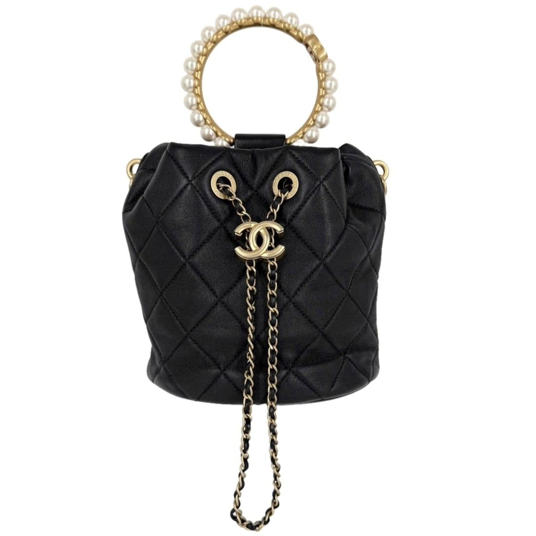 Chanel handbag for women, Coco Mark Matelassé bucket bag, pearl handle, lambskin, black, gold