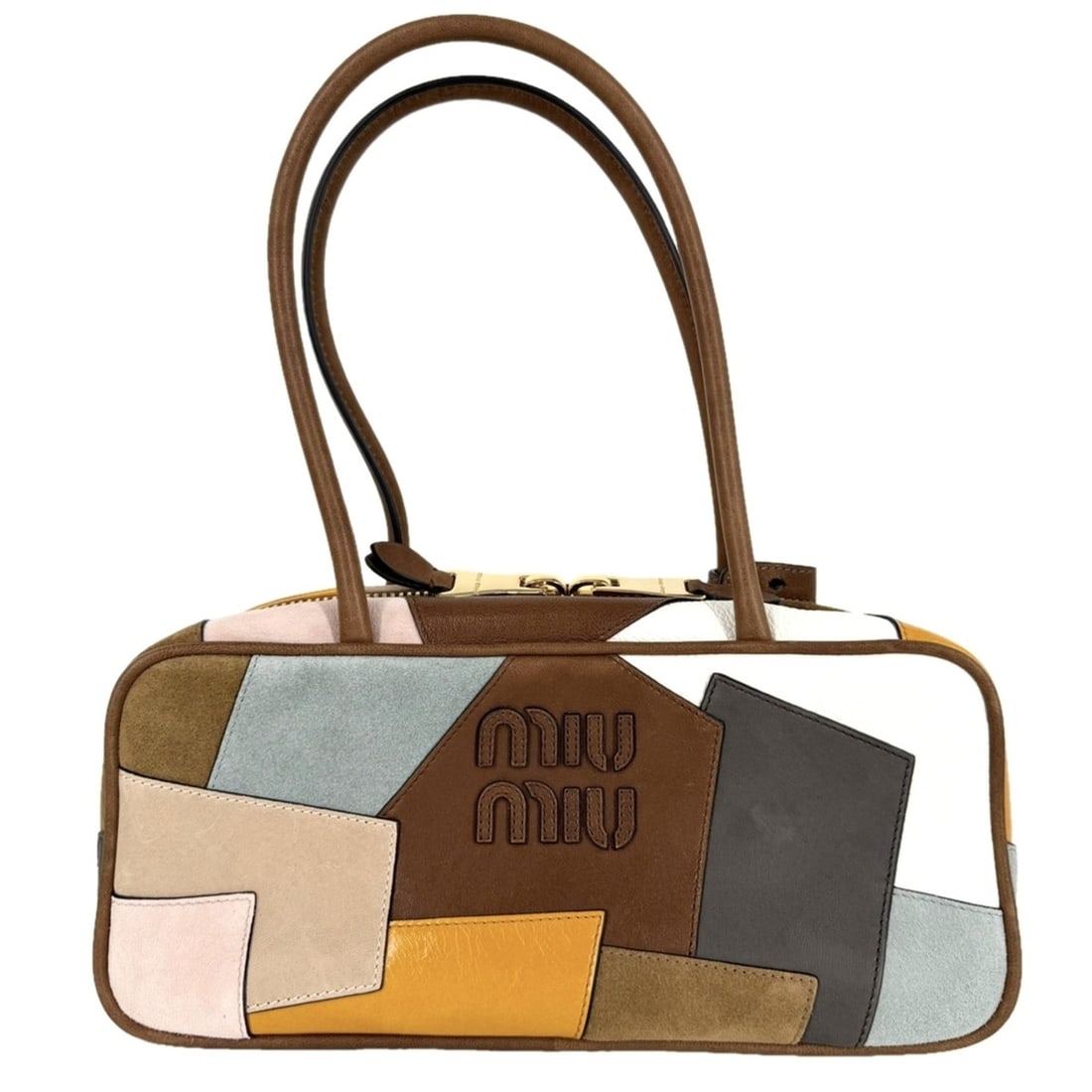 Miu Miu Miu Women's Patchwork Bow Tote Bag, 5BB173, Leather Suede, Brown, Multicolor, Gold Hardware