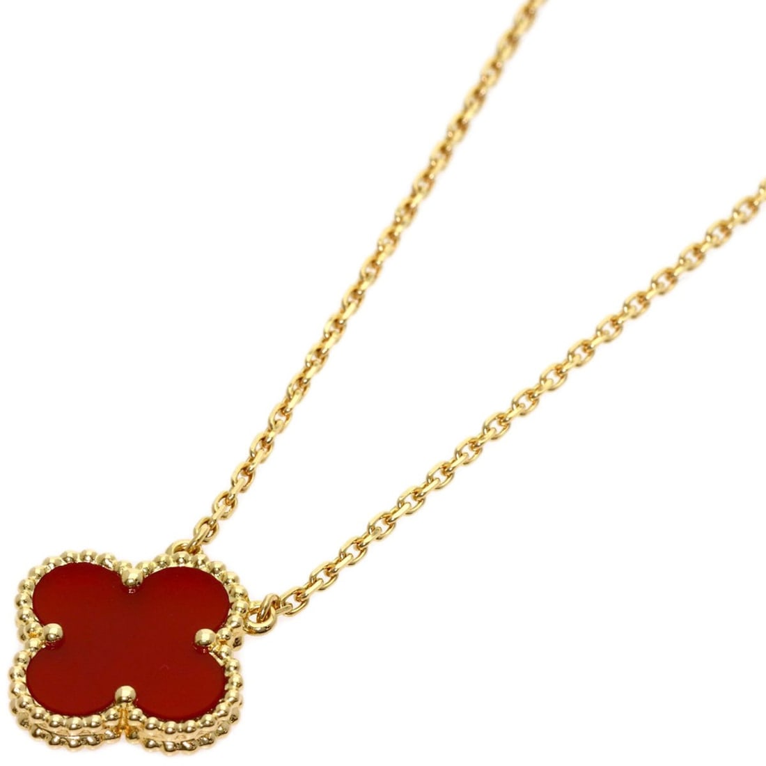 Van Cleef & Arpels Vintage Alhambra Carnelian Necklace, 18K Yellow Gold, Women's: --- Catalog ---Category: SizePendant Size: 14.9mm x 14.8mm / 0.58'' x 0.58''Neck Circumference: 41.5 cm / 16.33''Category: DesignGender: WomenMaterial: Yellow gold (18K)Necklace Type: NecklaceCategory