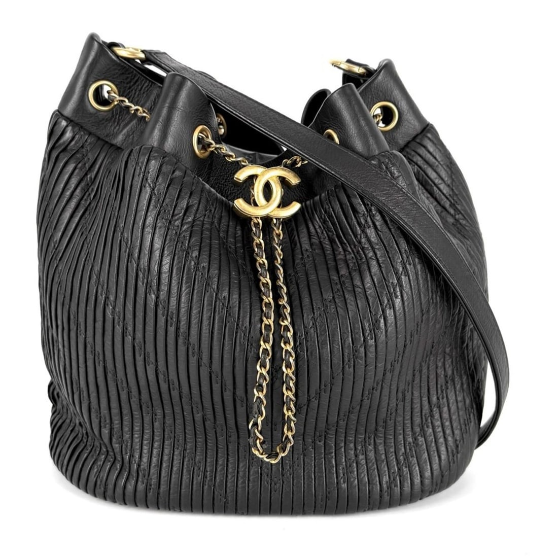 Chanel Shoulder Bag for Women, Coco Mark, V-Stitch, Drawstring, Bag, Crossbody Lambskin, Black, Gold: --- Catalog ---Category: SizeSize (HxWxD): 24cm x 23.5cm x 16cm / 9.44'' x 9.25'' x 6.29''Category: DesignType: Shoulder bagColor: BlackGender: WomenMaterial: Leather Category: GeneralBrand: Chanel---