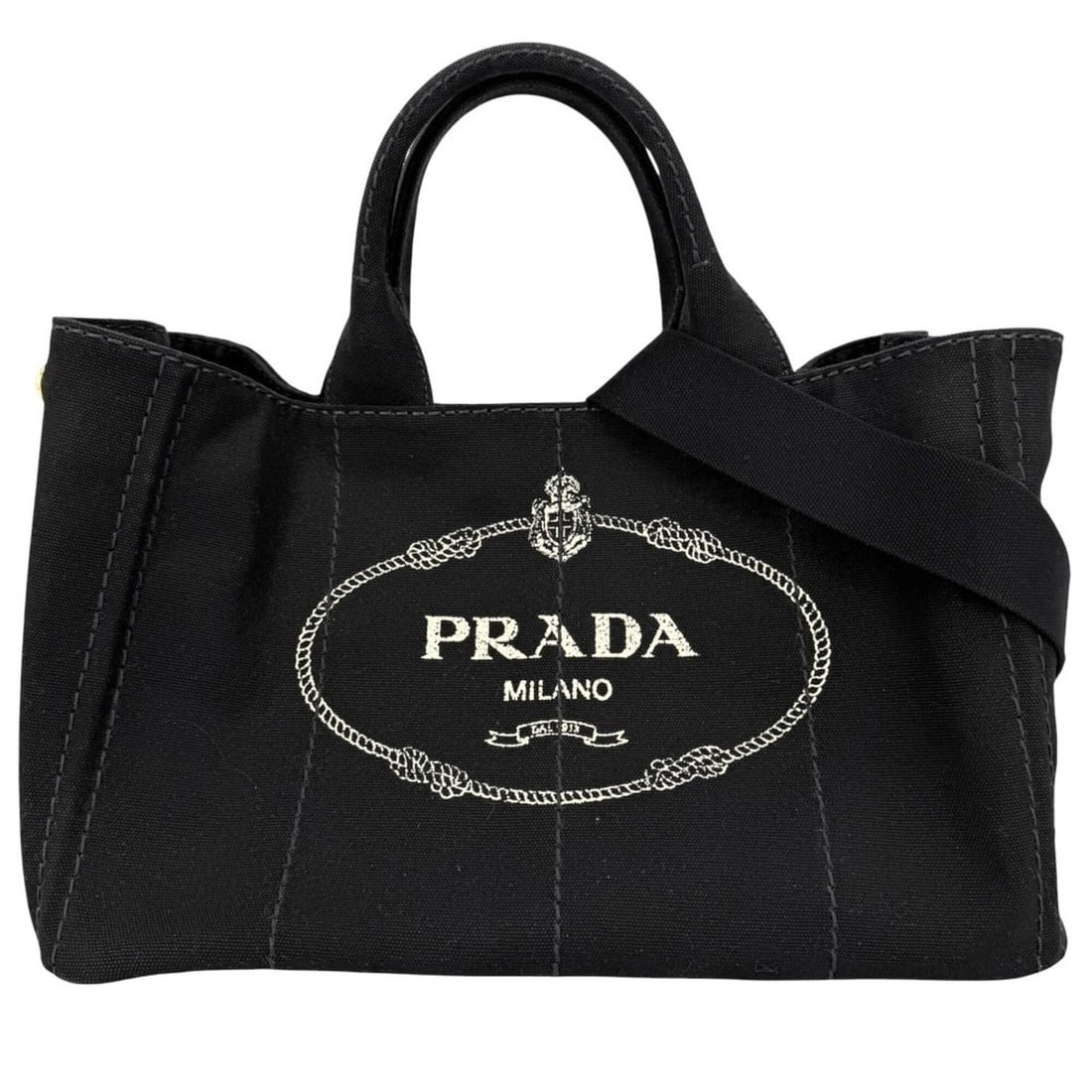 Prada Women's Tote Bag Shoulder Canapa Triangle Logo Handbag PRADA 1BG642 Canvas Black Gold Hardware (1 of 14)