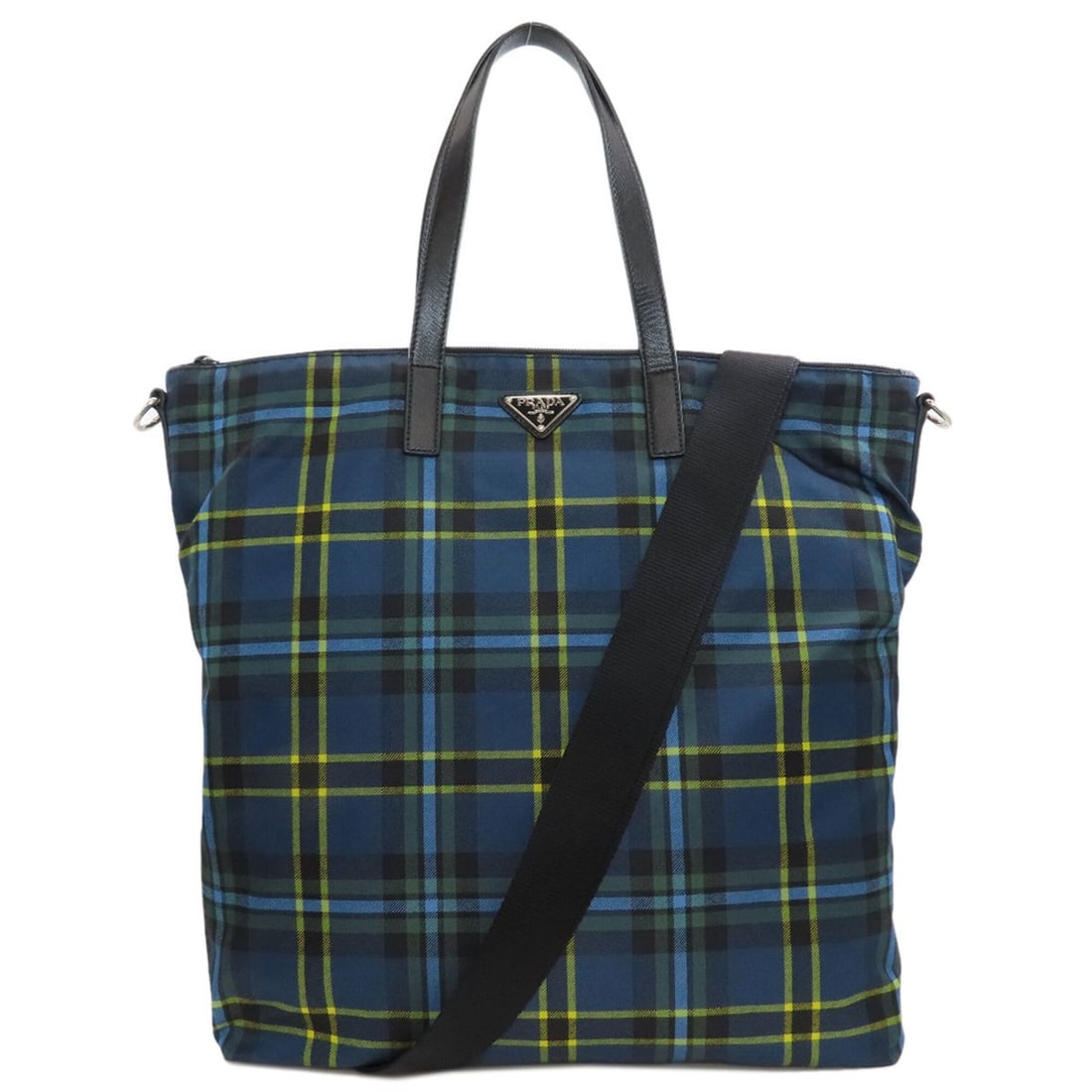 Prada Checkered 2-Way Tote Bag, Nylon, Women's PRADA: --- Catalog ---Category: SizeSize (HxWxD): 40cm x 38cm x 16cm / 15.74'' x 14.96'' x 6.29''Category: DesignType: Tote bagColor: Blue, YellowGender: WomenMaterial: Nylon Category: GeneralBrand: Prada---