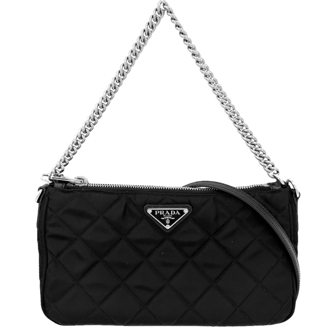 Prada Women's Quilted Handbag Shoulder Bag, Crossbody Triangle Logo, PRADA 1BH026, Nylon Leather,: --- Catalog ---Category: SizeSize (HxWxD): 12cm x 23.5cm x 6.5cm / 4.72'' x 9.25'' x 2.55''Category: DesignType: Handbag, Shoulder bagColor: BlackGender: WomenMaterial: Nylon , Leather Hardware Color: