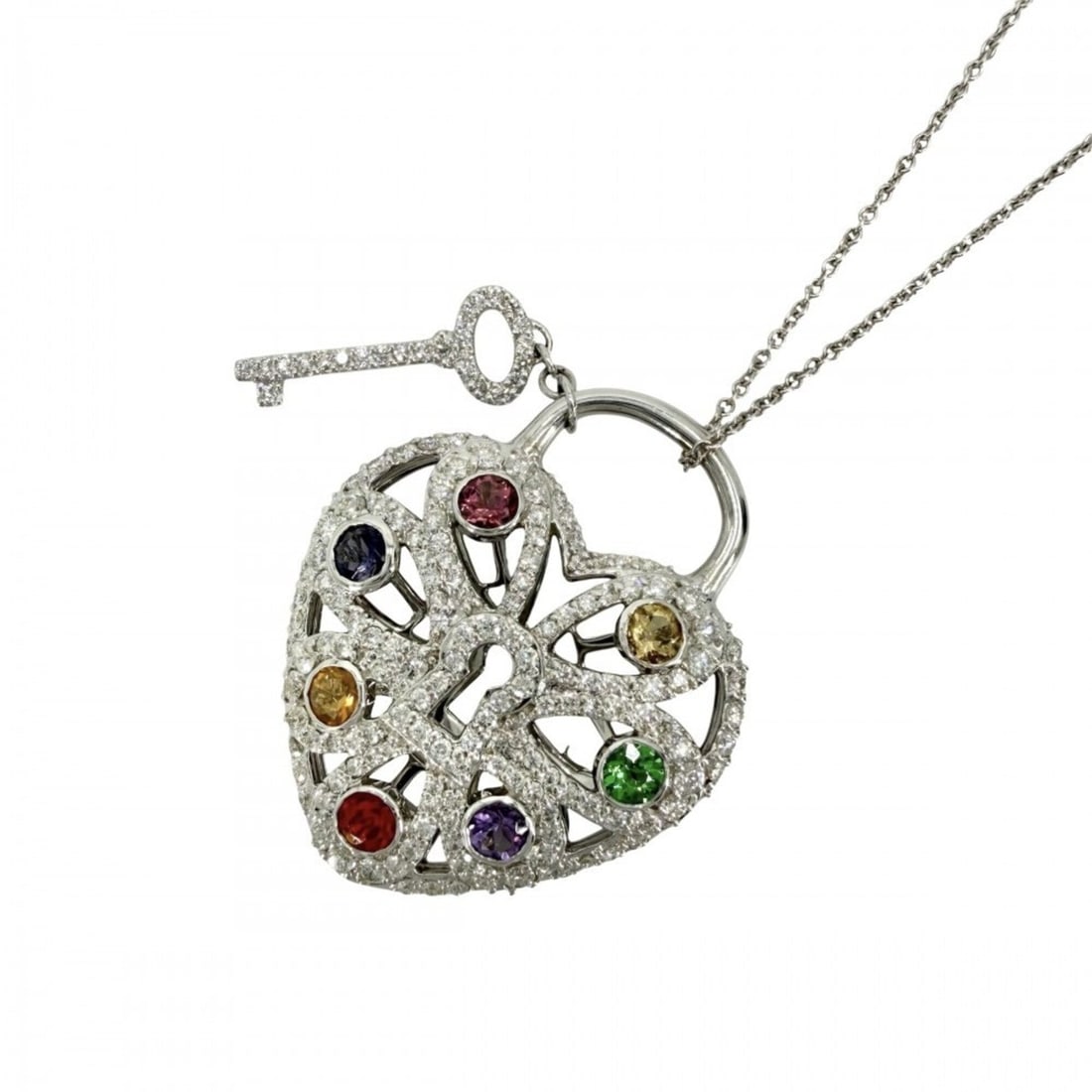Tiffany & Co. Women's Necklace, Filigree Padlock Motif, Heart Design, 18K White Gold (750), Diamond,: --- Catalog ---Category: SizeNeck Circumference: 45 cm / 17.71''Category: DesignGender: WomenMaterial: White gold (18K)Necklace Type: NecklaceCategory: GeneralBrand: Tiffany--- Item List ---Section: C