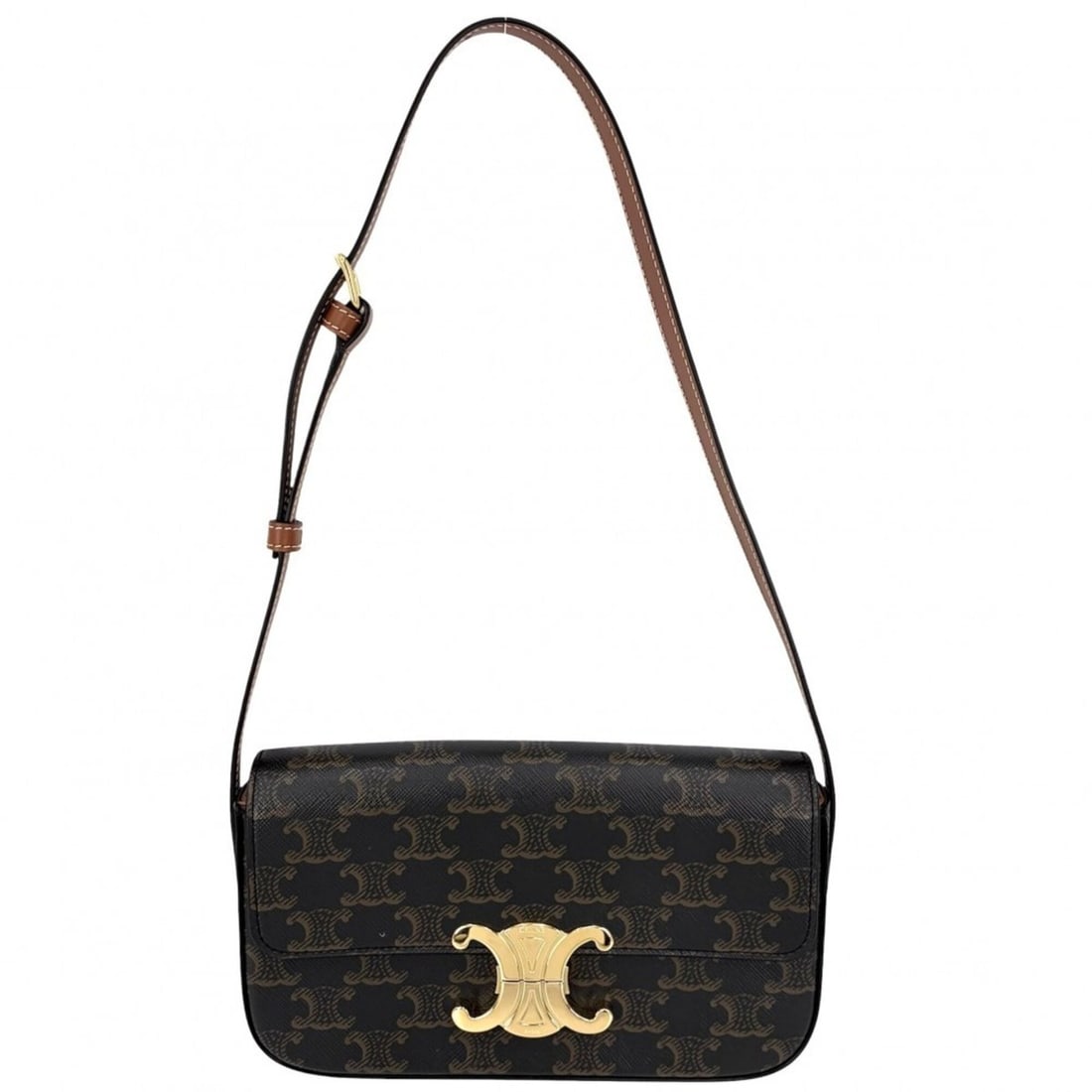 Celine Triomphe Claude Mini Shoulder Bag for Women, Coated Canvas and Leather, Brown with Gold: --- Catalog ---Category: SizeSize (HxWxD): 12cm x 21cm x 4cm / 4.72'' x 8.26'' x 1.57''Category: DesignType: Shoulder bagColor: BrownGender: WomenMaterial: Coated canvas , Leather Hardware Color: Gold