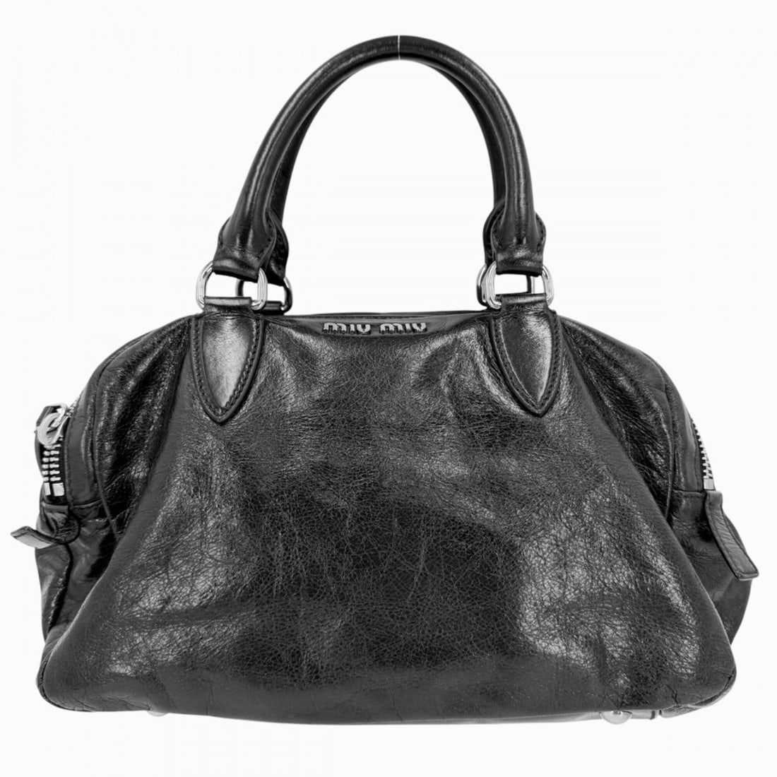 Miu Miu Miu handbag for women, logo design, MIUMIU RN0509, leather, black, silver hardware.: --- Catalog ---Category: SizeSize (HxWxD): 17cm x 30cm x 16cm / 6.69'' x 11.81'' x 6.29''Handle Length: 30cm / 11.81''Category: DesignType: HandbagColor: BlackGender: WomenMaterial: Leather Category: 