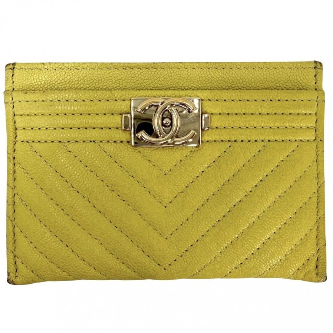 Chanel business card holder/card case for women, V-stitch Boy Chanel, Coco Mark, Caviar leather,: --- Catalog ---Category: DesignType: Business card caseColor: YellowGender: WomenMaterial: Grained Calfskin Category: GeneralBrand: ChanelCategory: Physical PropertiesSize (HxWxD): 7.5cm x 11cm x 5mm 