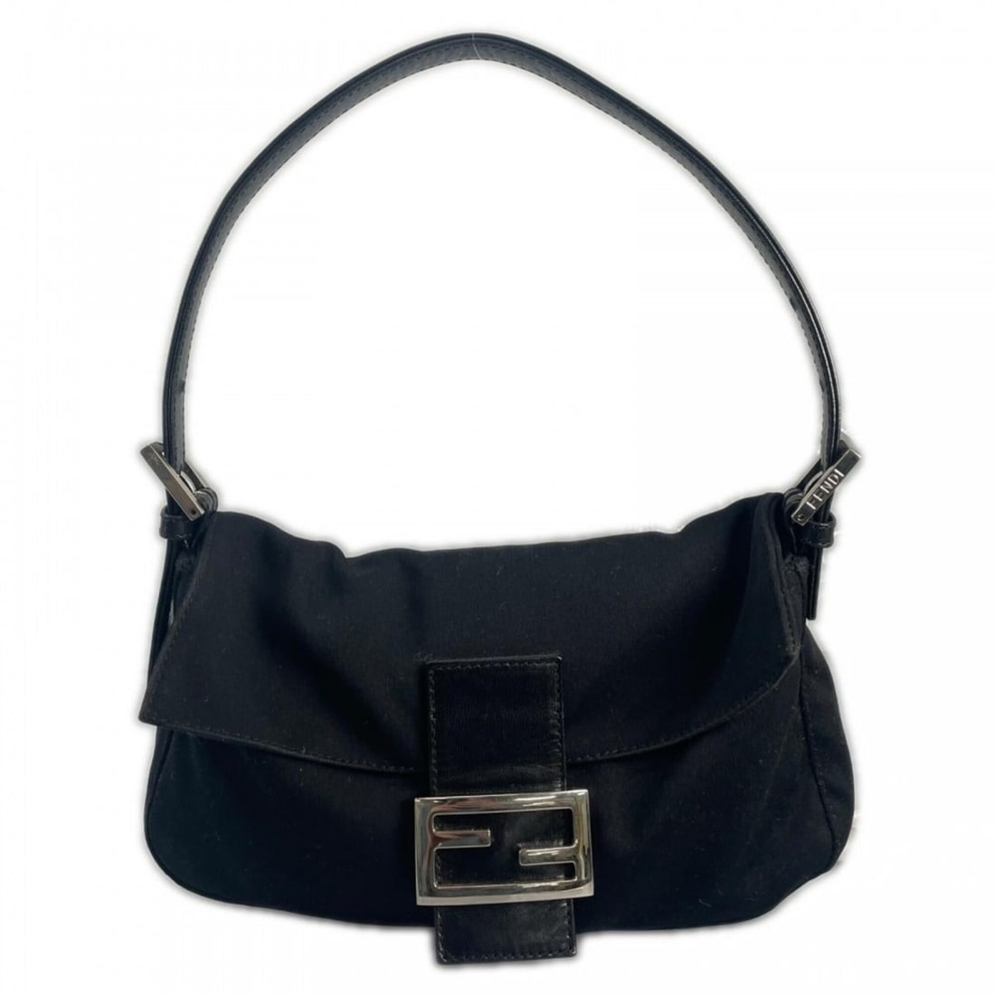 Fendi handbag for women, Mamma Bucket style, satin, black, silver hardware.: --- Catalog ---Category: SizeSize (HxWxD): 14cm x 25cm x 3.5cm / 5.51'' x 9.84'' x 1.37''Handle Length: 45cm / 17.71''Category: DesignType: HandbagColor: BlackGender: WomenMaterial: Satin Category: Ge