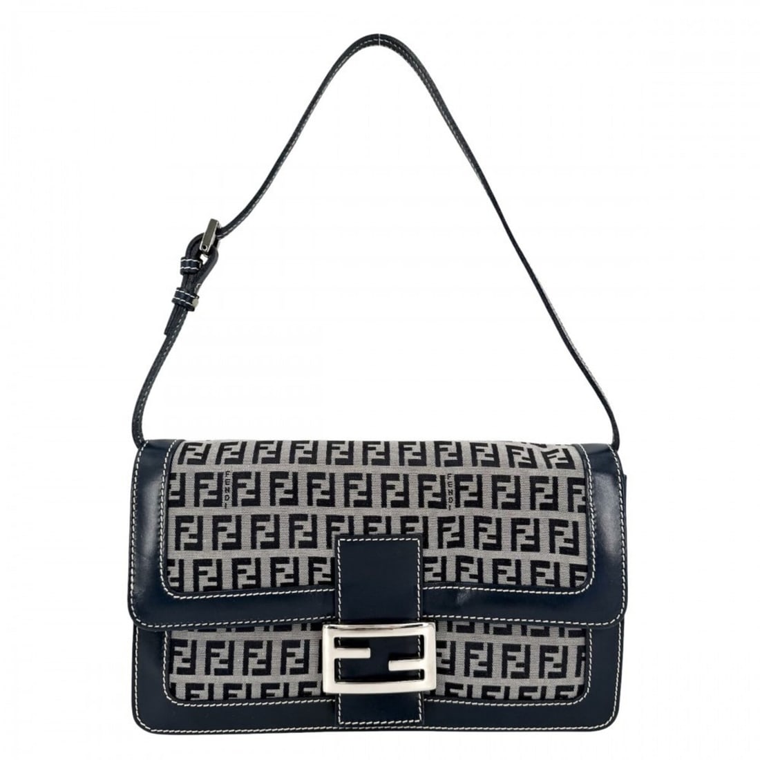 Fendi Women's Zucchino Semi-Shoulder Bag, Canvas and Leather, Navy Blue with Silver Hardware: --- Catalog ---Category: SizeSize (HxWxD): 15cm x 25.5cm x 4cm / 5.9'' x 10.03'' x 1.57''Strap Length: 58cm / 22.83''Category: DesignType: Handbag, Shoulder bagColor: NavyGender: WomenMaterial: Canvas