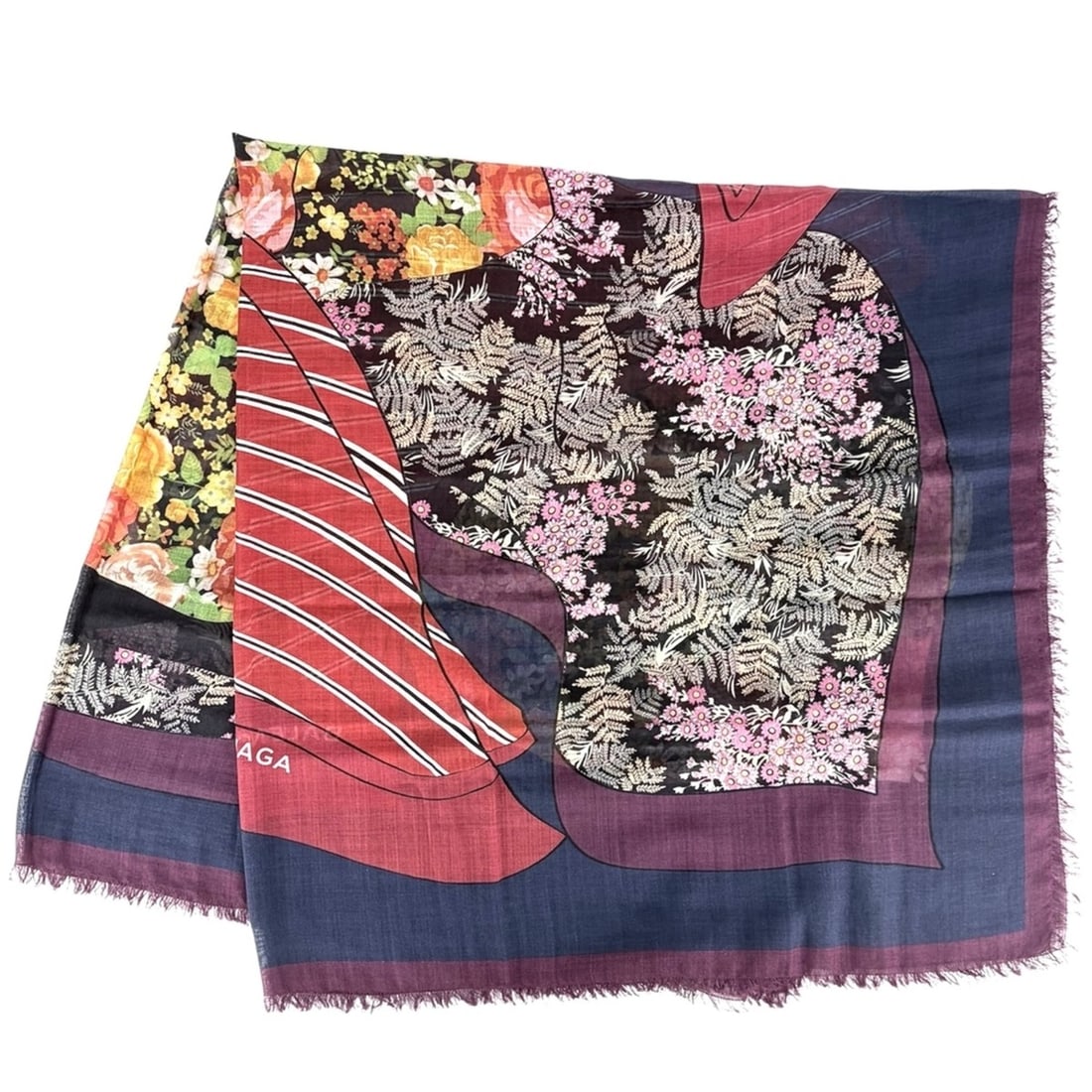 Balenciaga scarf for women, large size, floral pattern, fashion item, BALENCIAGA wool silk, burgundy: --- Catalog ---Category: SizeSize (LxW): 1.35m x 1.35m / 53.14'' x 53.14''Category: DesignType: ScarfColor: Bordeaux, Multi-colorGender: WomenMaterial: Wool 51%, Silk 49%Category: GeneralBrand: Balenc
