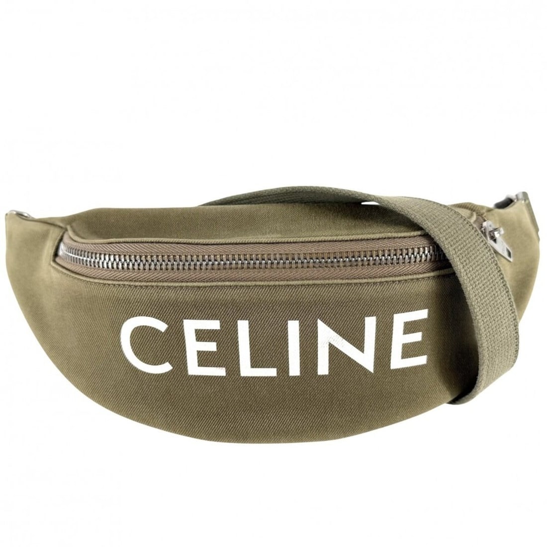 Celine body bag for men and women, logo design, waist bag, belt CELINE canvas, khaki, silver: --- Catalog ---Category: SizeSize (HxWxD): 11cm x 37cm x 6.5cm / 4.33'' x 14.56'' x 2.55''Strap Length: 93cm / 36.61''Category: DesignType: Fanny packColor: KhakiGender: Men,WomenMaterial: Canvas Cate