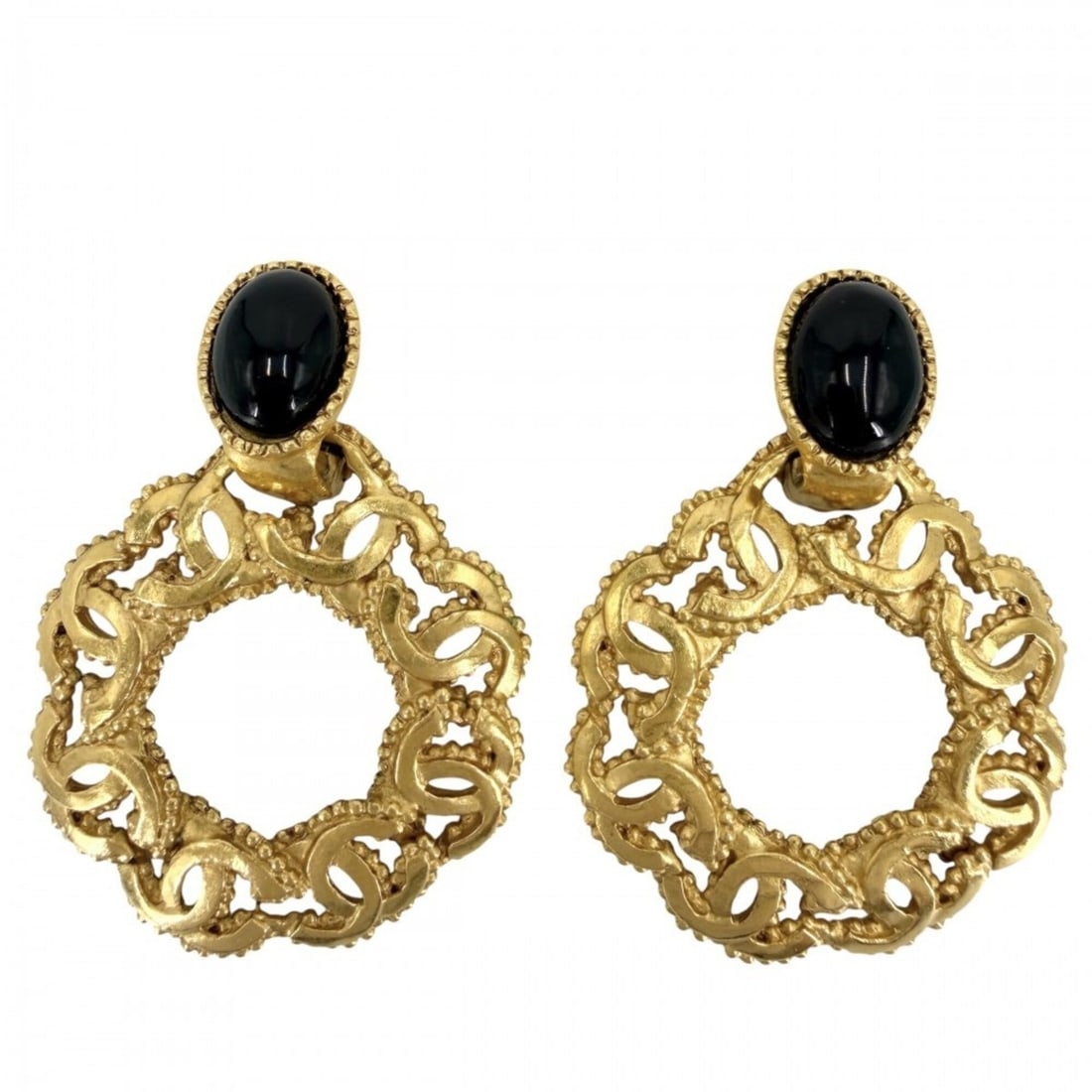 Chanel Earrings for Women, Coco Mark, Vintage, CHANEL GP, Colored Stone, 96A Gold, Black, Approx.: --- Catalog ---Category: SizeWeight: 32.8g / 1.15oz.Size (HxWxD): 60.00mm x 40.00mm x 4.00mm / 2.36'' x 1.57'' x 0.16''Category: DesignType: Clip earringsColor: Black, GoldStone: Color stoneFinish: Go