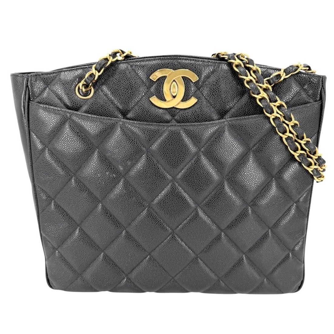 Chanel Women's Matelassé Chain Tote Bag with Coco Mark, Shoulder Bag, Caviar Leather, Black, Gold: --- Catalog ---Category: SizeSize (HxWxD): 30cm x 34cm x 9.5cm / 11.81'' x 13.38'' x 3.74''Handle Length: 70cm / 27.55''Category: DesignType: HandbagColor: BlackGender: WomenMaterial: Grained Calfskin