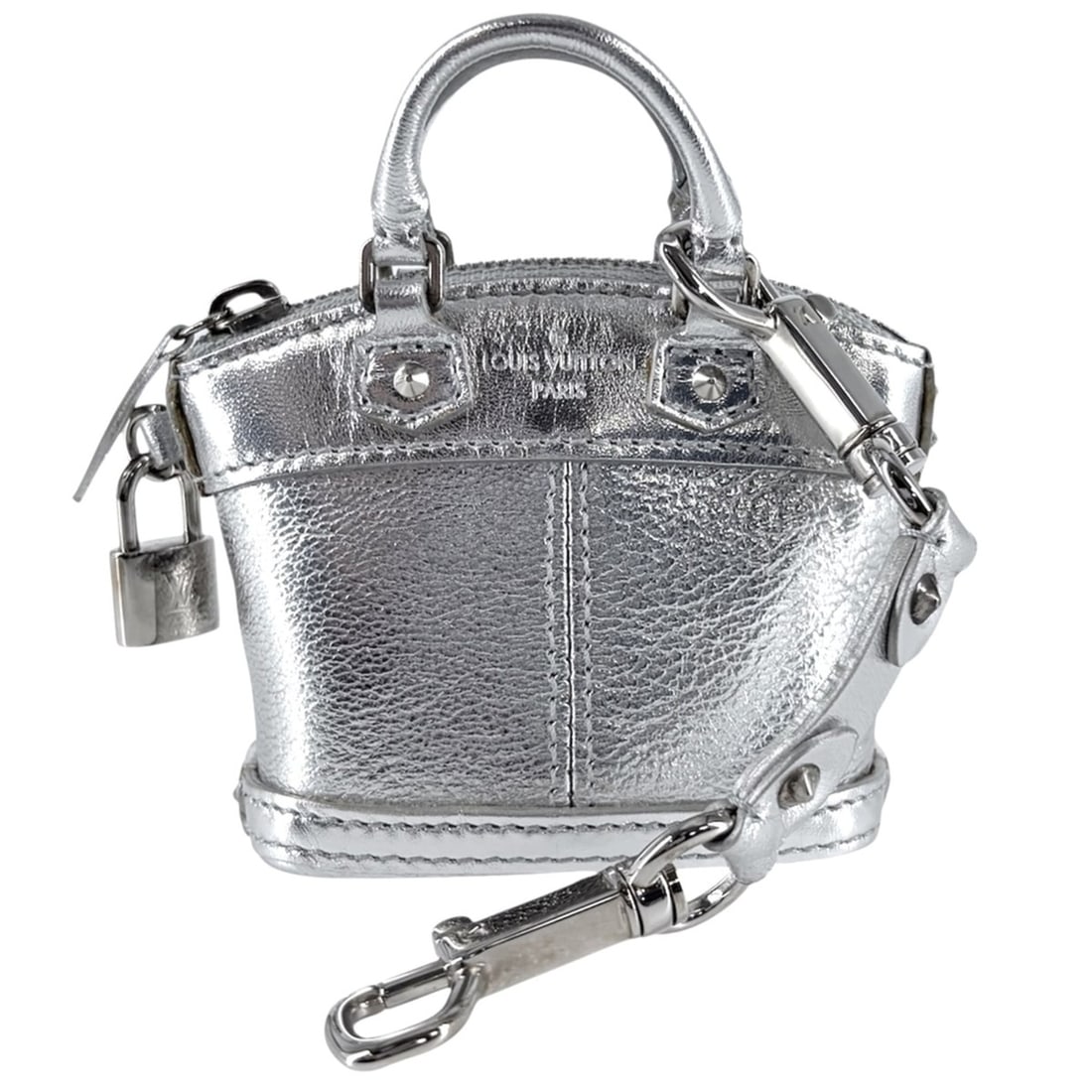 Louis Vuitton Mini Lockit Keychain for Women, Charm Pouch, Accessory Case, Leather, Silver, Silver