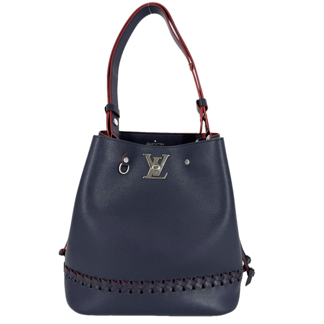 Louis Vuitton Lockme Bucket Shoulder Bag for Women, M54681, Leather, Navy, Red, Silver Hardware