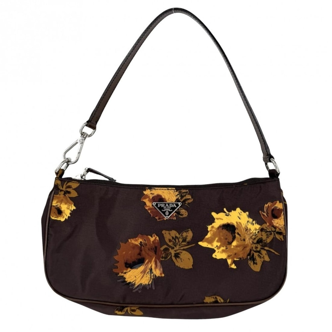 Prada handbag for women, floral pattern, one-handbag, shoulder bag, nylon and leather, brown,: --- Catalog ---Category: SizeSize (HxWxD): 13cm x 25.5cm x 5cm / 5.11'' x 10.03'' x 1.96''Handle Length: 42cm / 16.53''Category: DesignType: HandbagColor: Brown, YellowGender: WomenMaterial: Nylon , L