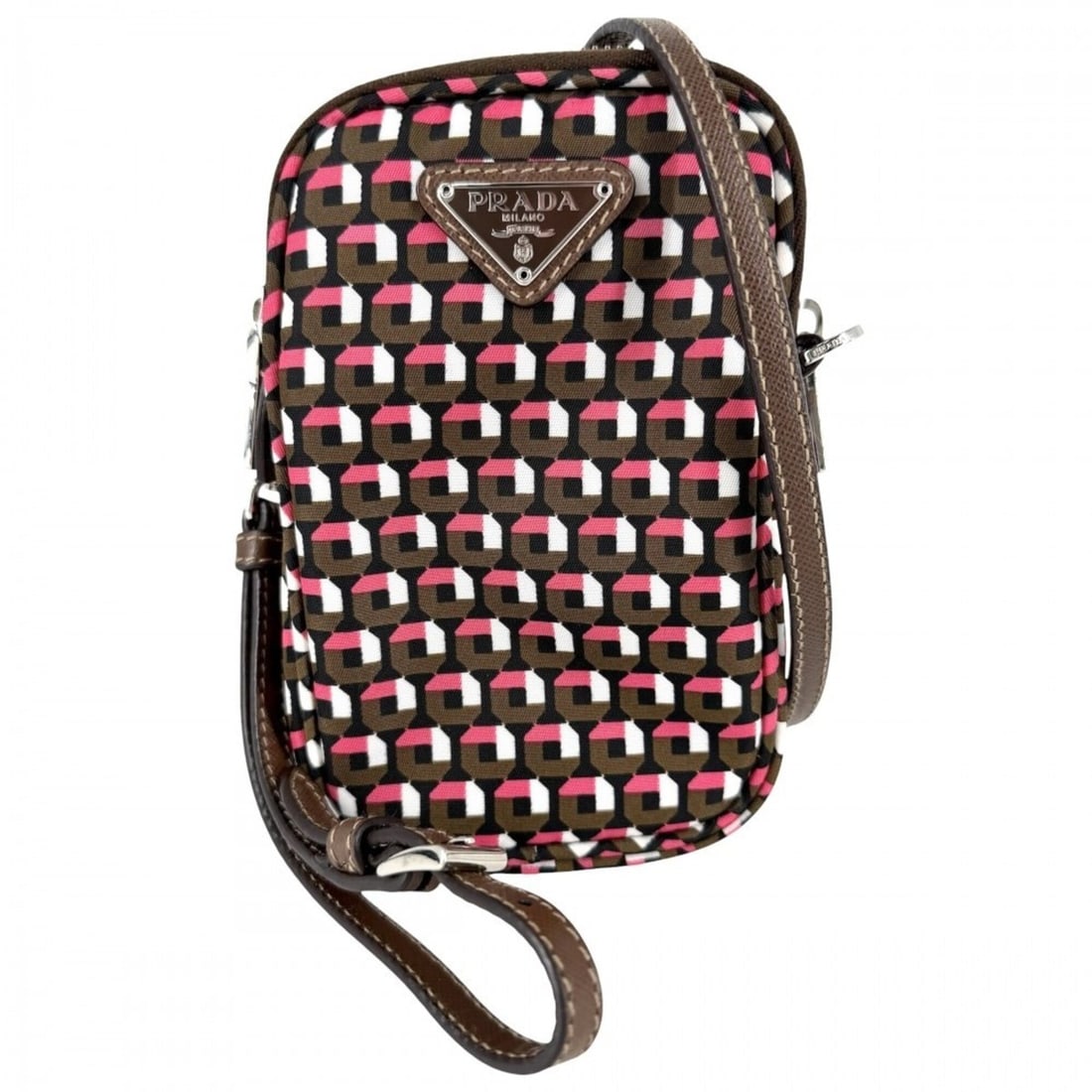 Prada Shoulder Bag for Women, Triangle Logo Pattern, Smartphone Bag/Pouch, PRADA 1N1860, Nylon,: --- Catalog ---Category: SizeSize (HxWxD): 15cm x 9cm x 3.5cm / 5.9'' x 3.54'' x 1.37''Strap Length: 133cm / 52.36''Category: DesignType: Shoulder bagColor: Khaki, PinkGender: WomenMaterial: Nylon Cat