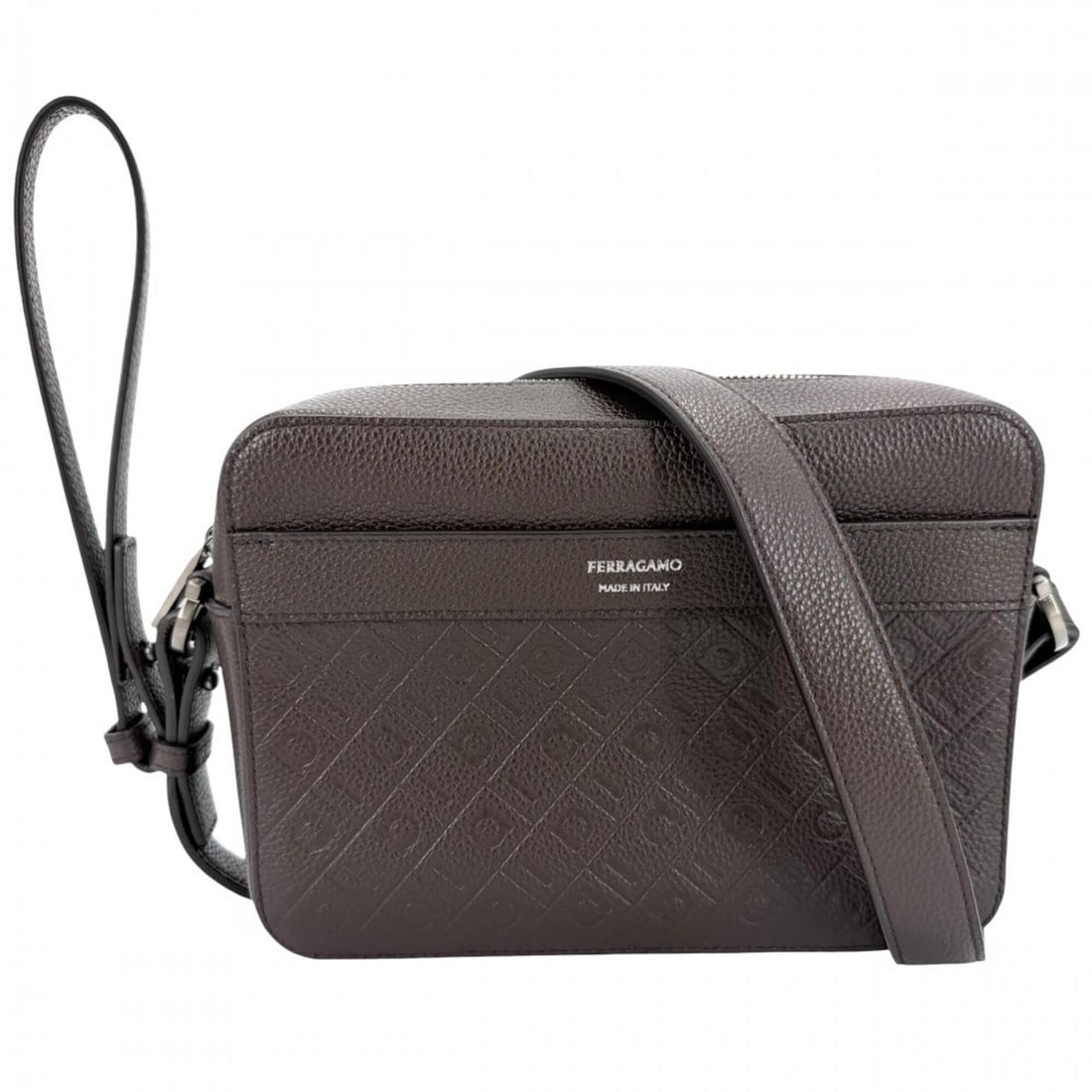 Salvatore Ferragamo Men's Monogram Shoulder Bag Clutch Crossbody Leather Brown Matte Silver Hardware: --- Catalog ---Category: SizeSize (HxWxD): 16cm x 22cm x 6cm / 6.29'' x 8.66'' x 2.36''Strap Length: 140cm / 55.11''Category: DesignType: Clutch bag, Shoulder bagColor: BrownGender: MenMaterial: Leath
