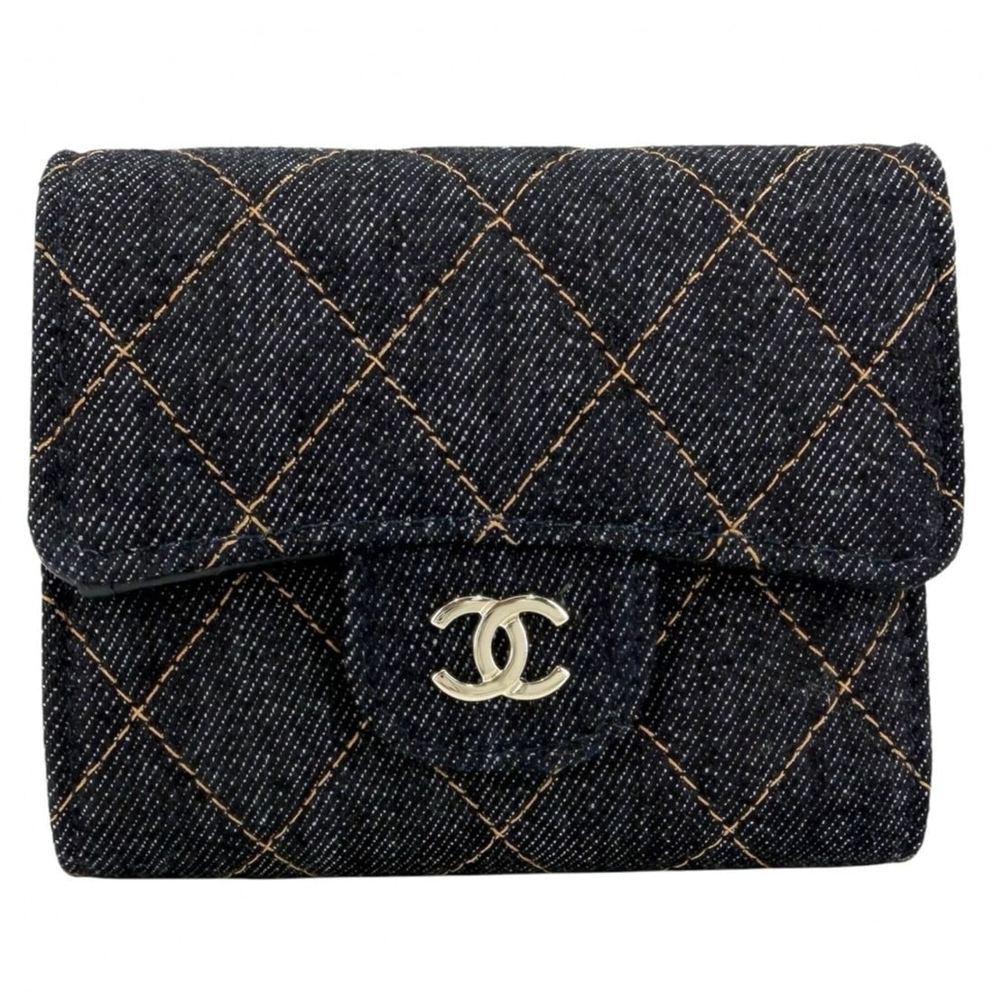 Chanel bi-fold wallet for women, Matelassé small wallet, mini Coco Mark, CHANEL denim navy, gold